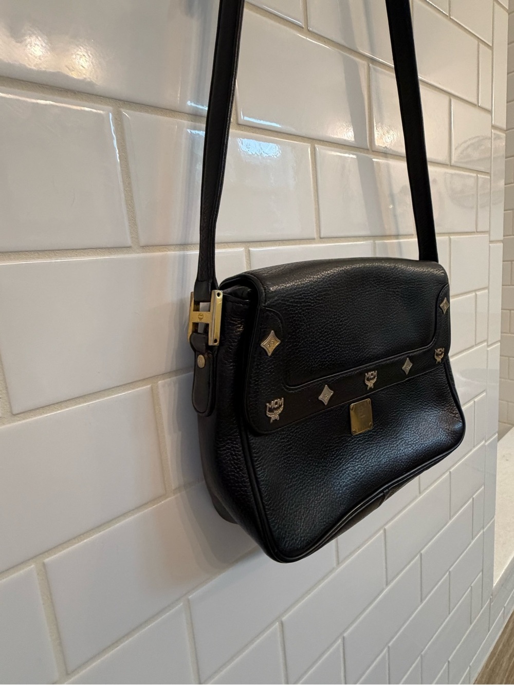 MCM Black Leather Shoulder Bag with Gold Accents - Picture 3 of 6
